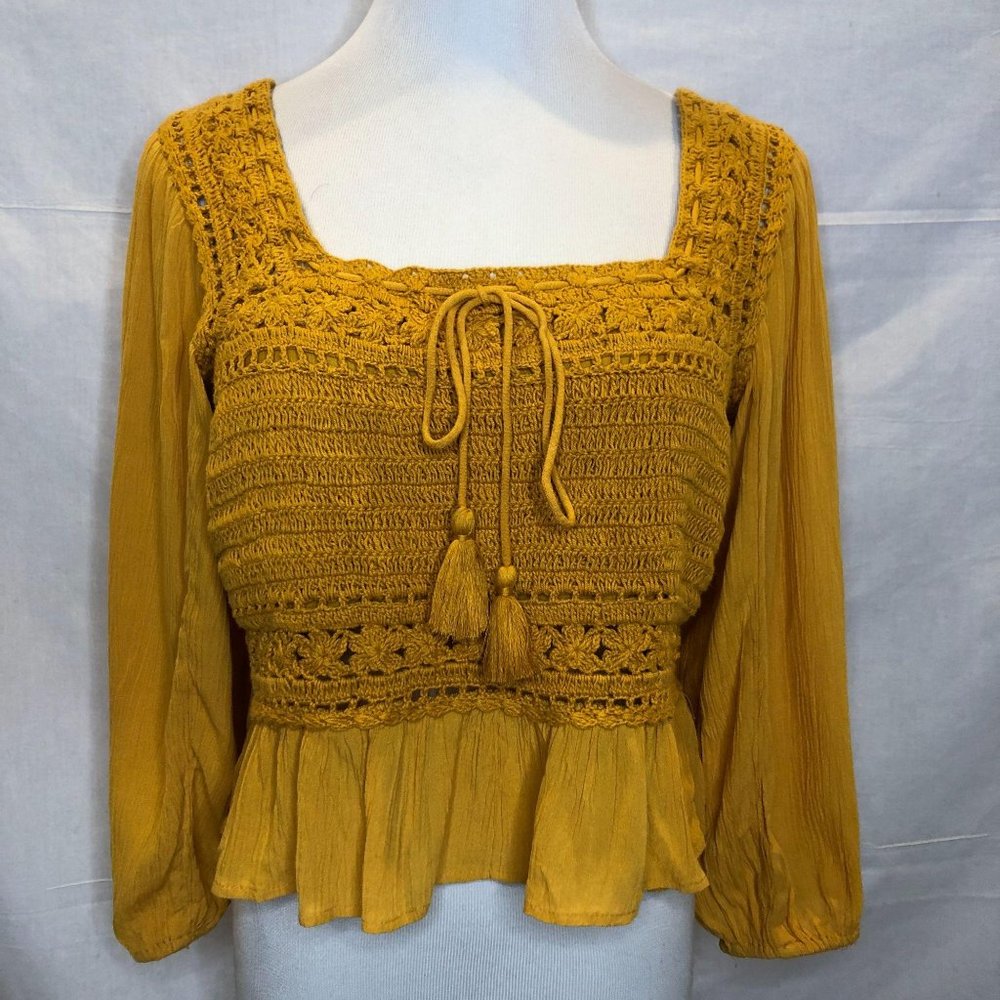 American Eagle Boho Mustard Crocheted Peplum Top M